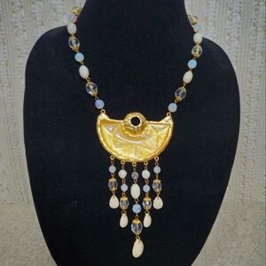 VCLM Gold Beaded Half Moon Statement Necklace